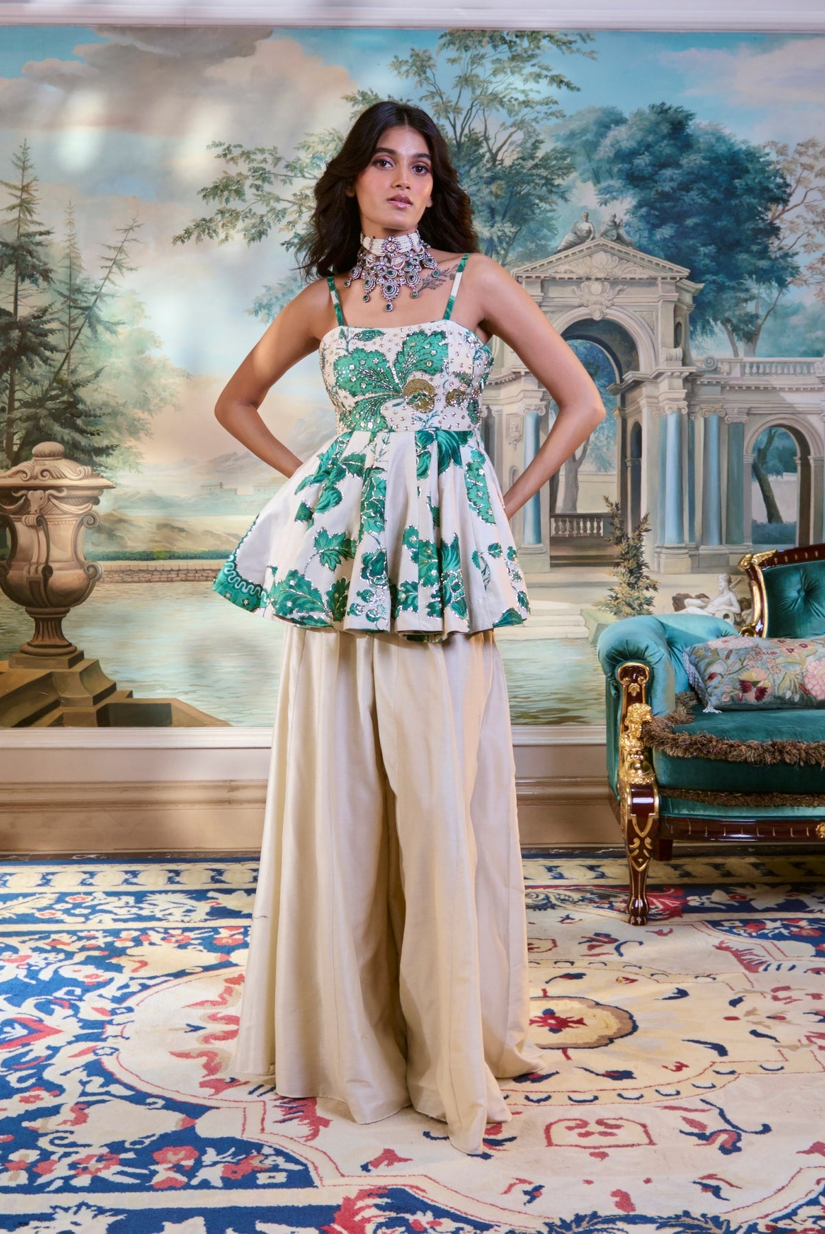 ivory and green floral peplum and palazzo set, image 1