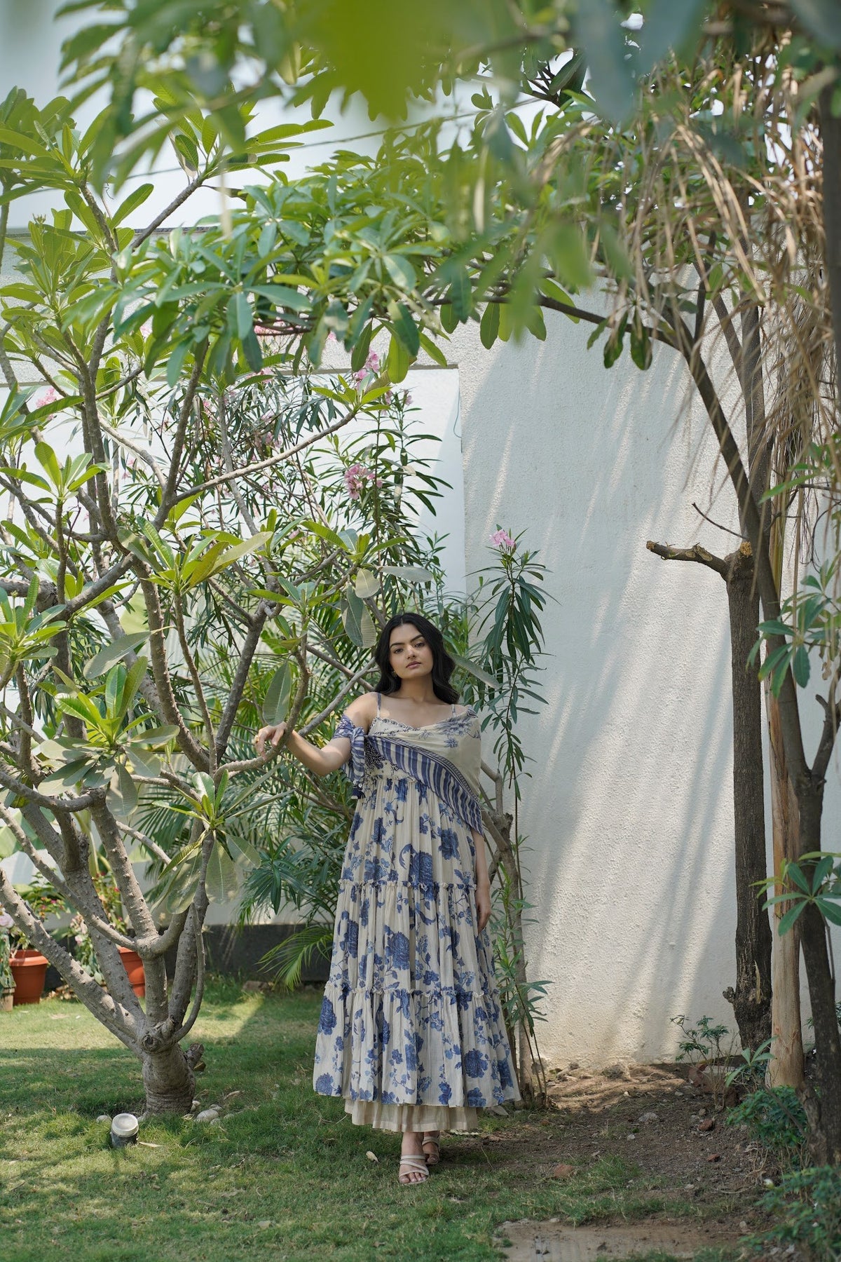 royal blue and ivory floral malai chanderi maxi dress with scarf, image 1
