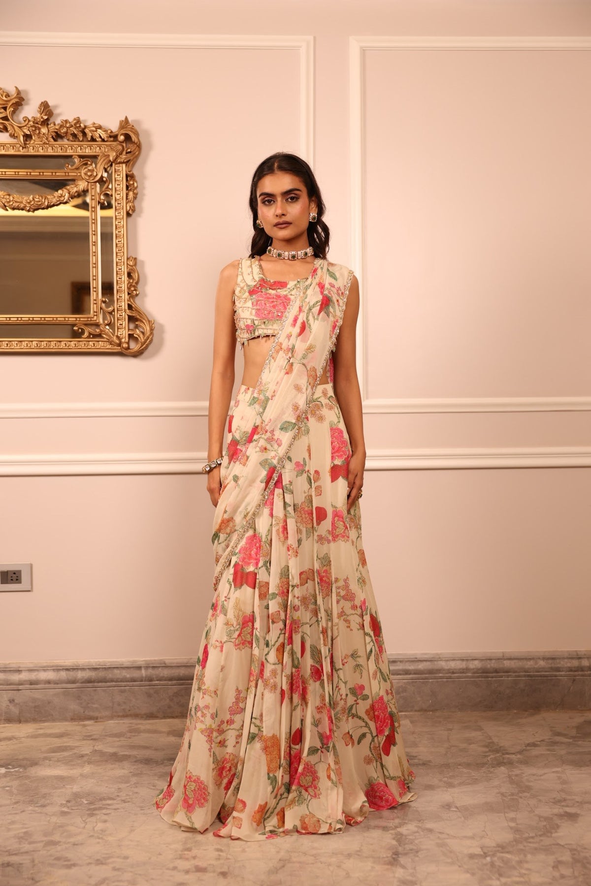 ivory floral georgette pre-draped saree with crystal blouse, image 1