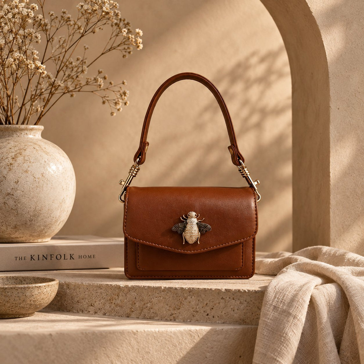 kendall shoulder bag in tan with champagne bee and black wings, image 1