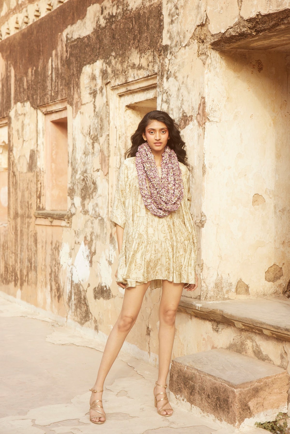 ivory deer print chiniya silk short dress, image 1