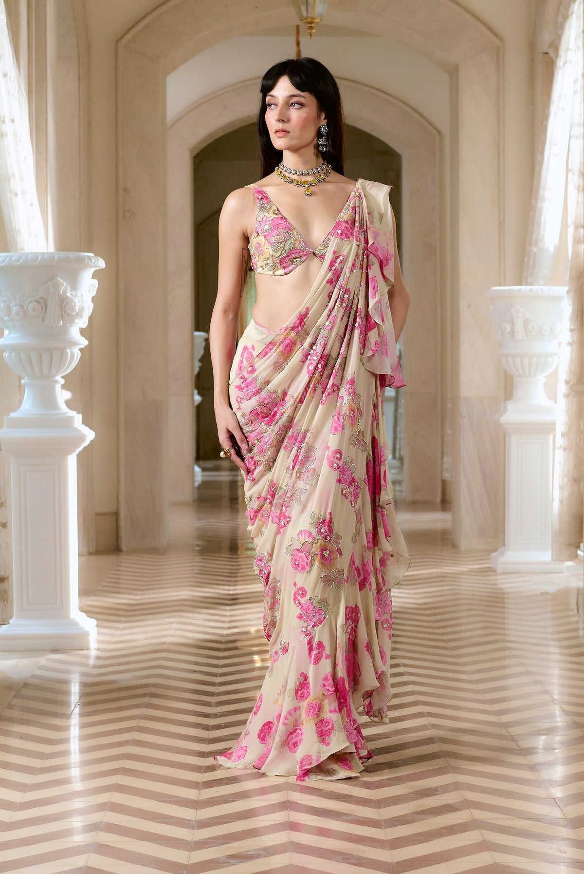 ivory floral pre-draped saree set, image 1