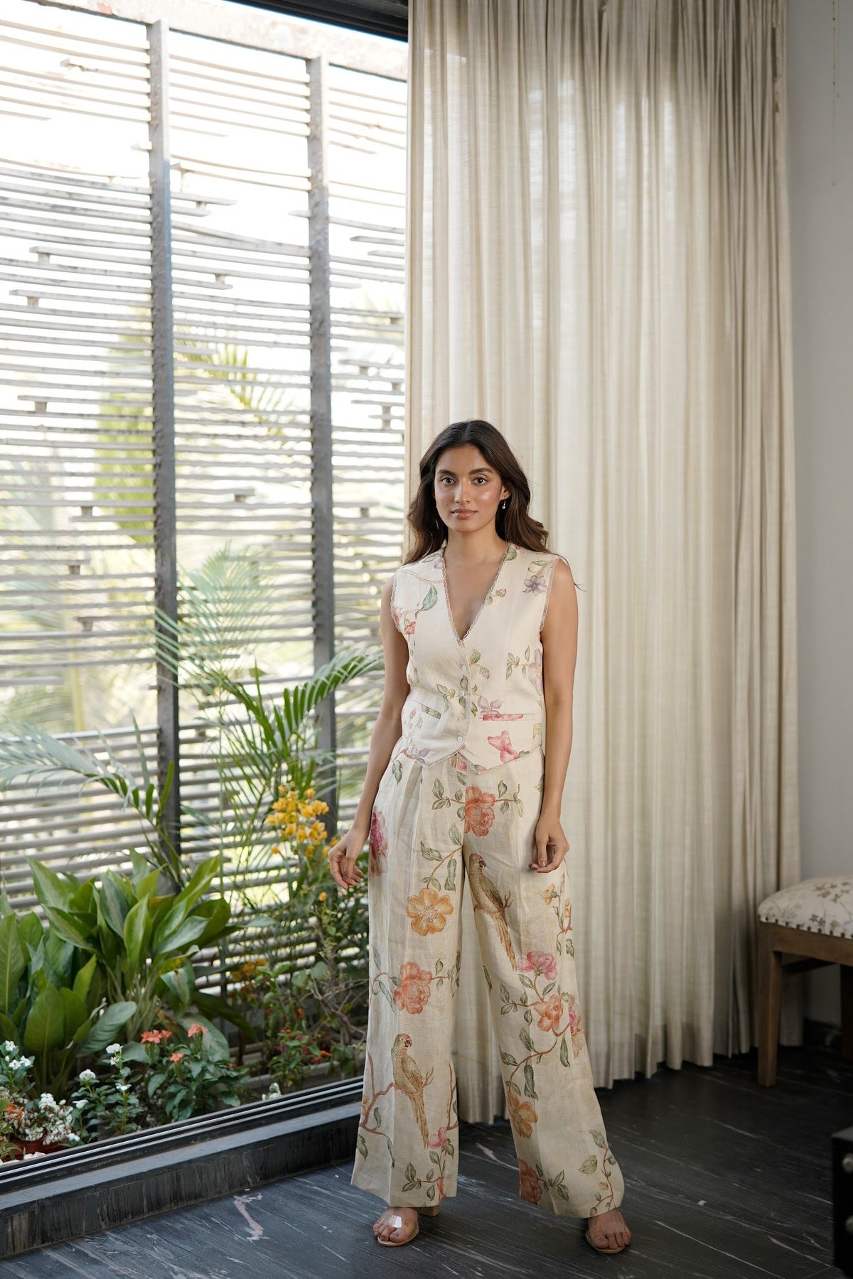 ivory floral linen waistcoat and trouser set, image 1