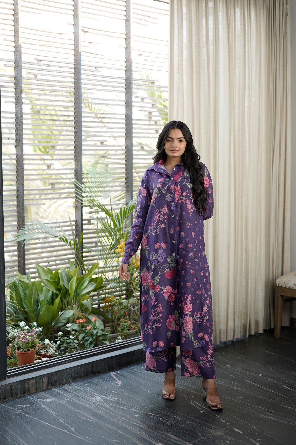 purple floral linen shirt kurta and pants set, image 1