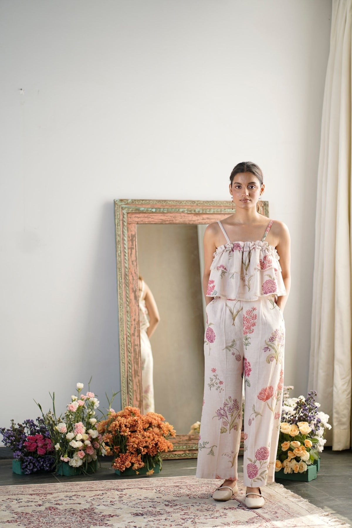 beige floral linen cami top and trouser set, image 1