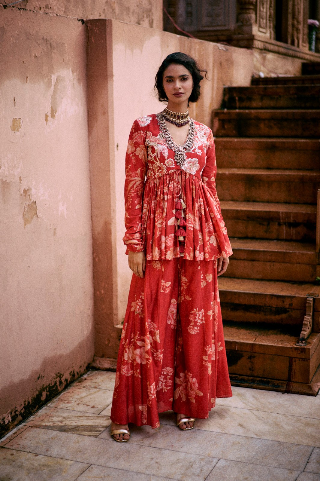 red flip bird print peplum set, image 1