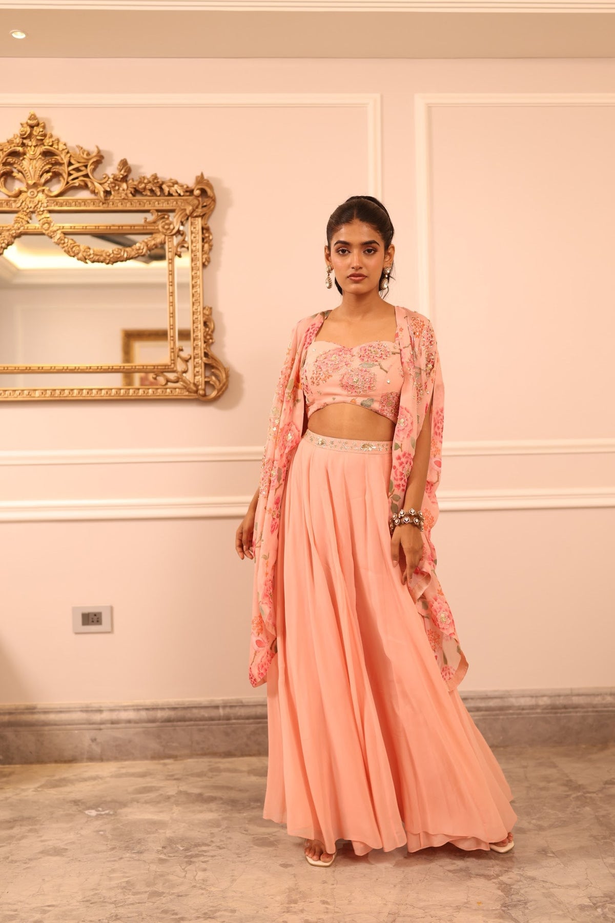 peach floral georgette jacket and palazzo set, image 1