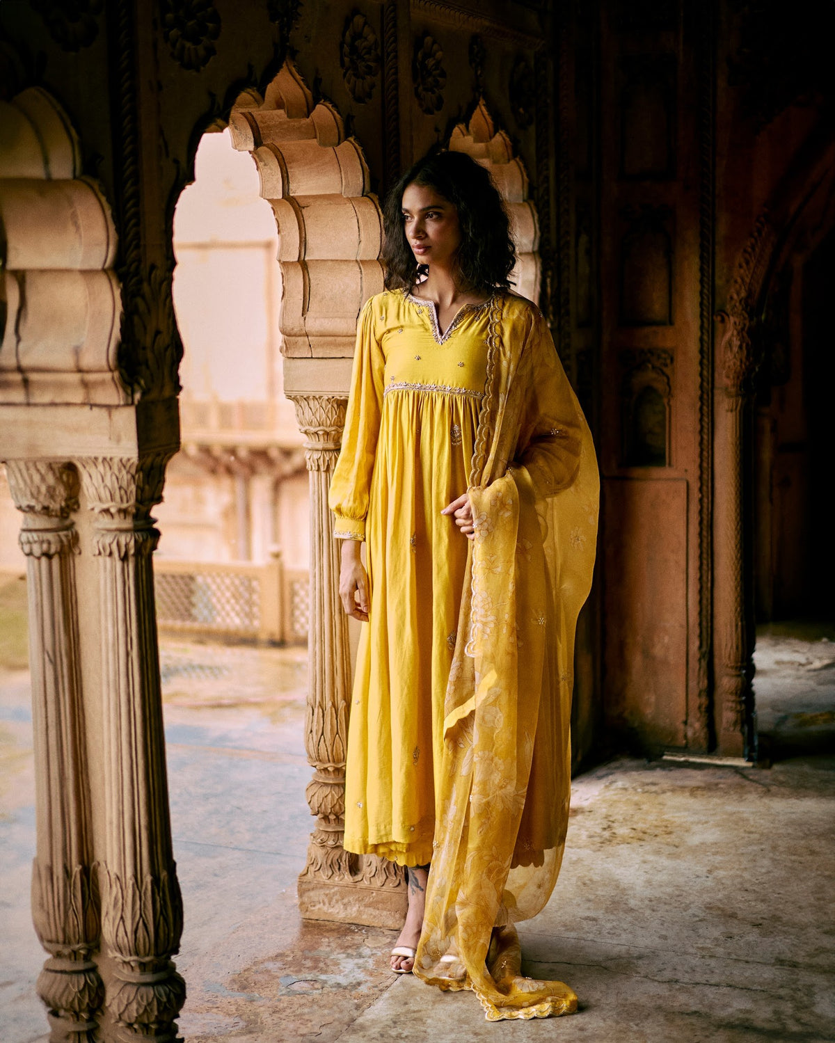 tuscany yellow modal silk anarkali set, image 1