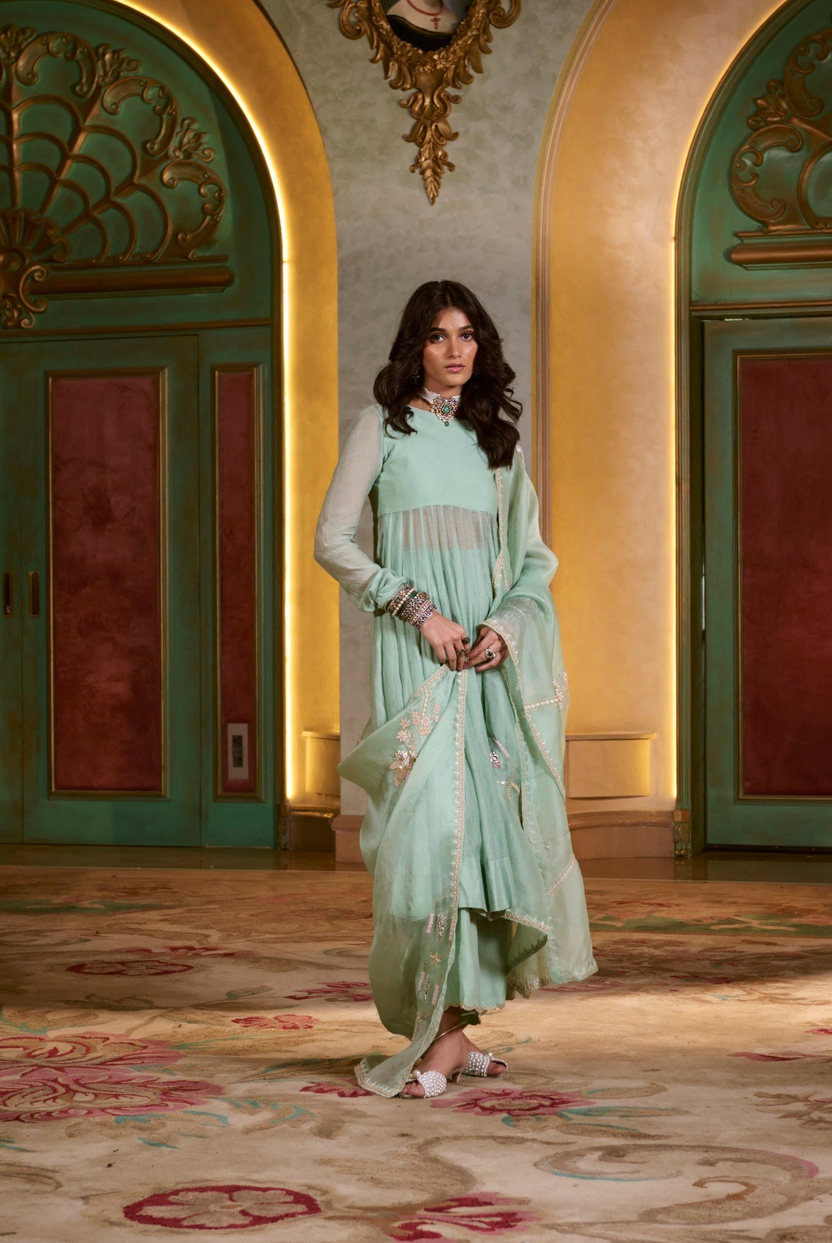 mint green chanderi anarkali set, image 1