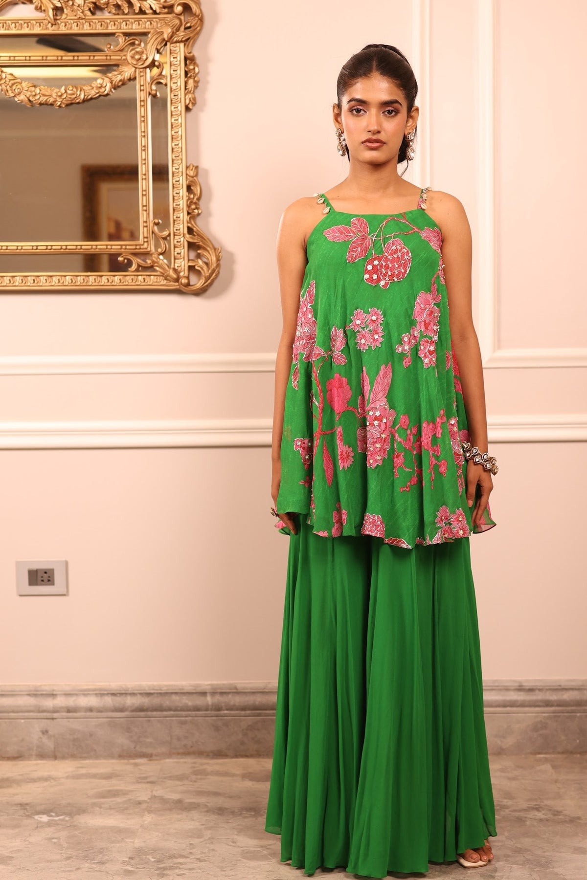 green floral georgette top and palazzo set, image 1