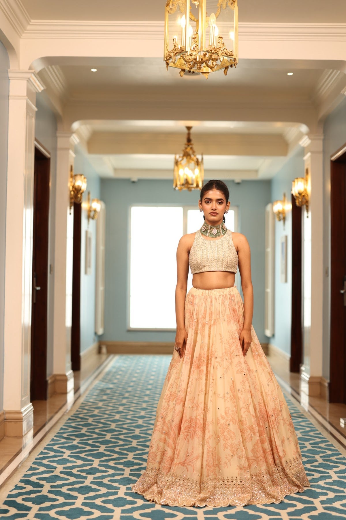 peach and ivory floral organza lehenga set, image 1