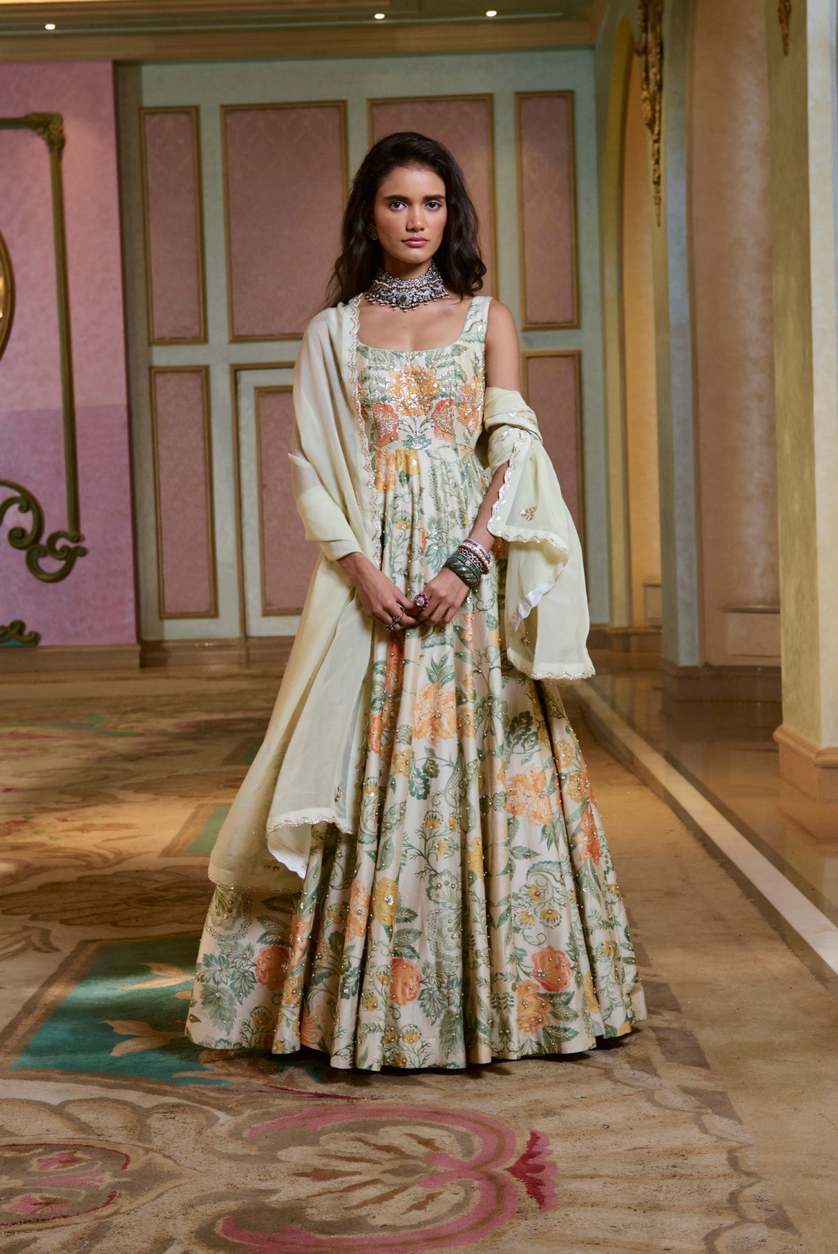 ivory floral chiniya anarkali set, image 1