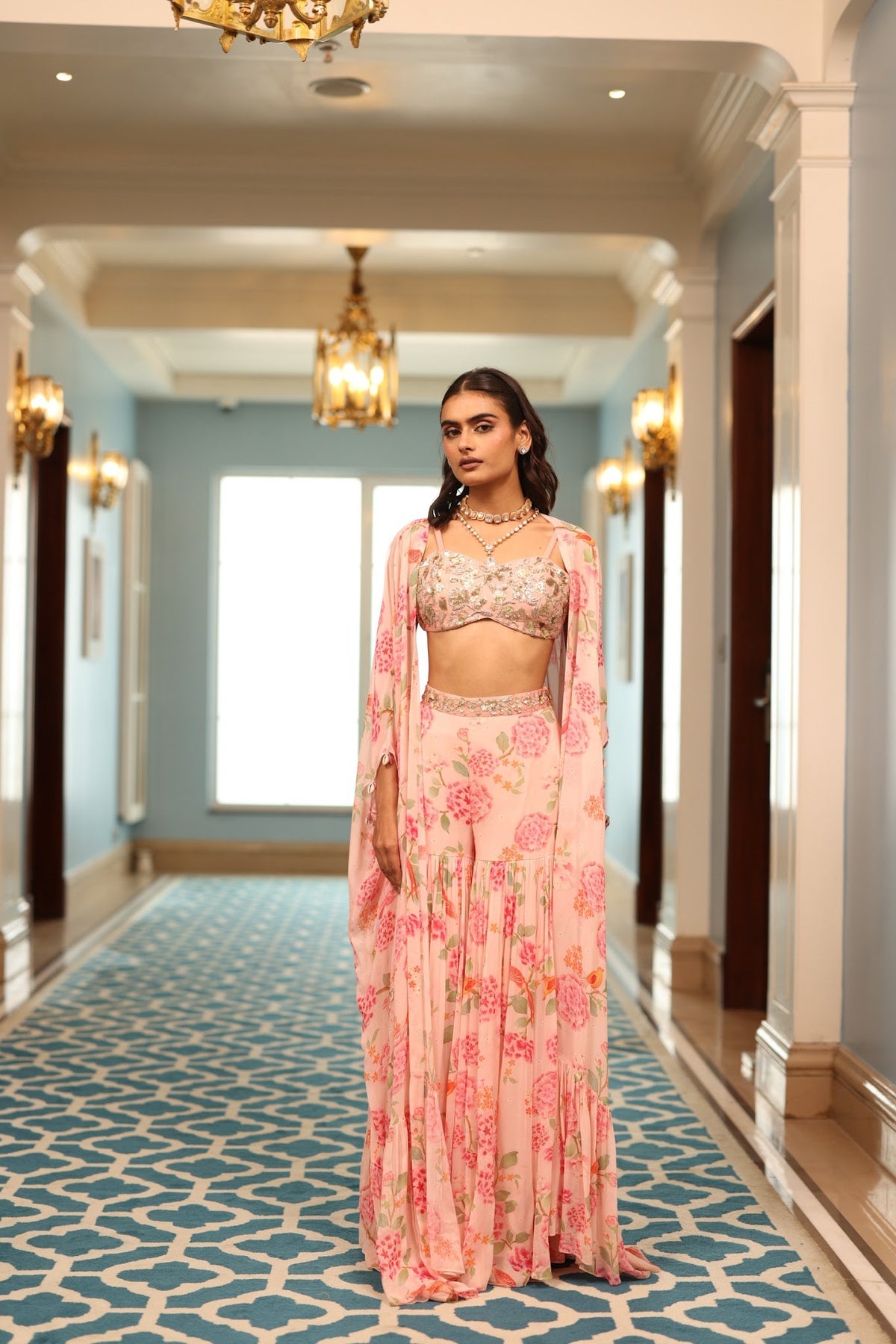 pink floral georgette jacket and sharara set, image 1