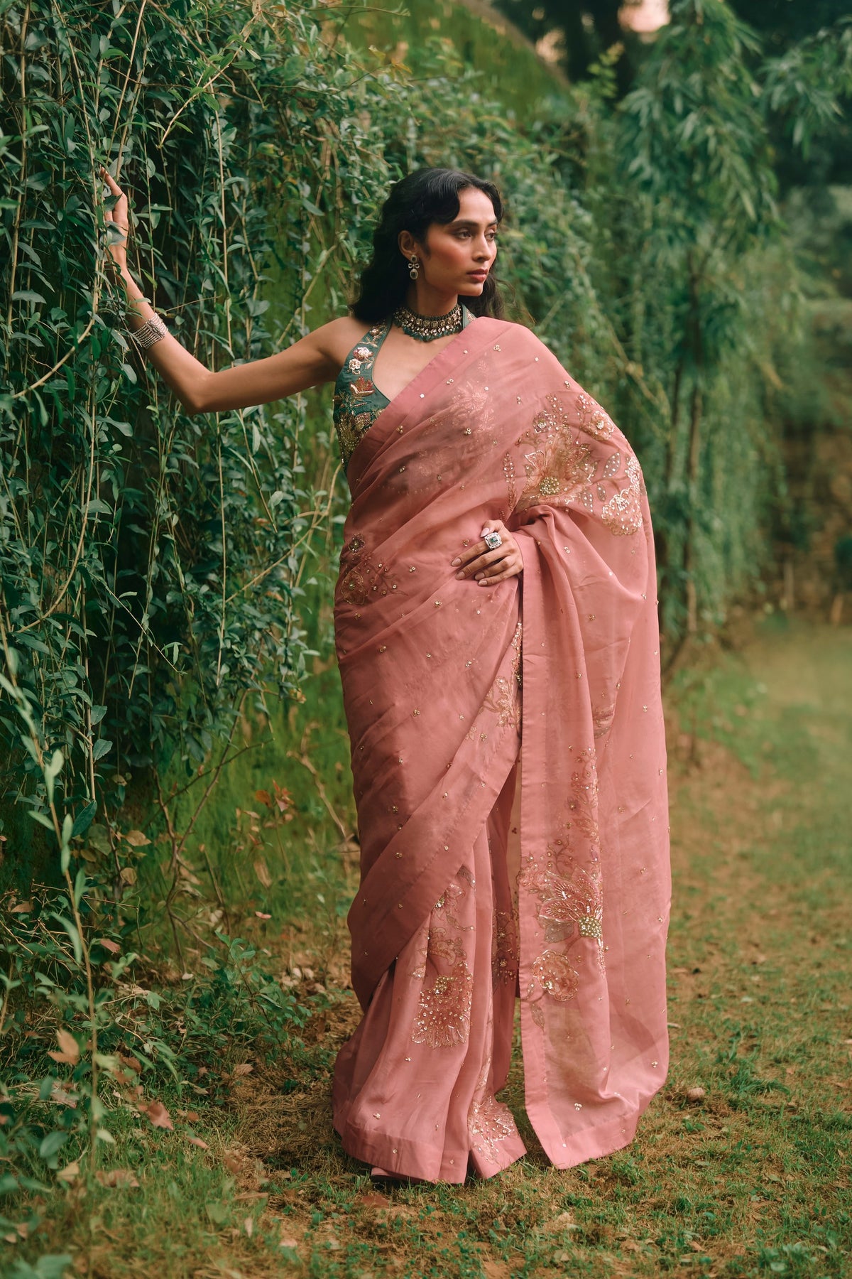 rosy saree set in salmon pink, image 1