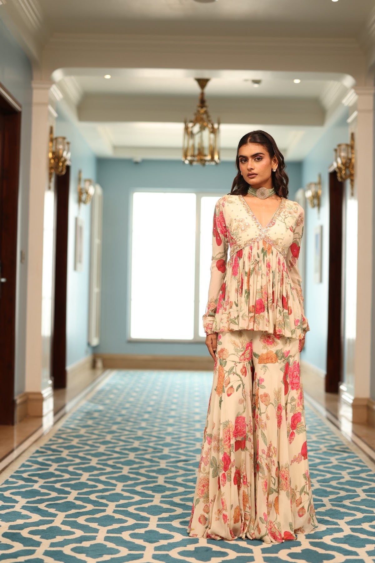 ivory and coral floral georgette peplum and sharara set, image 1