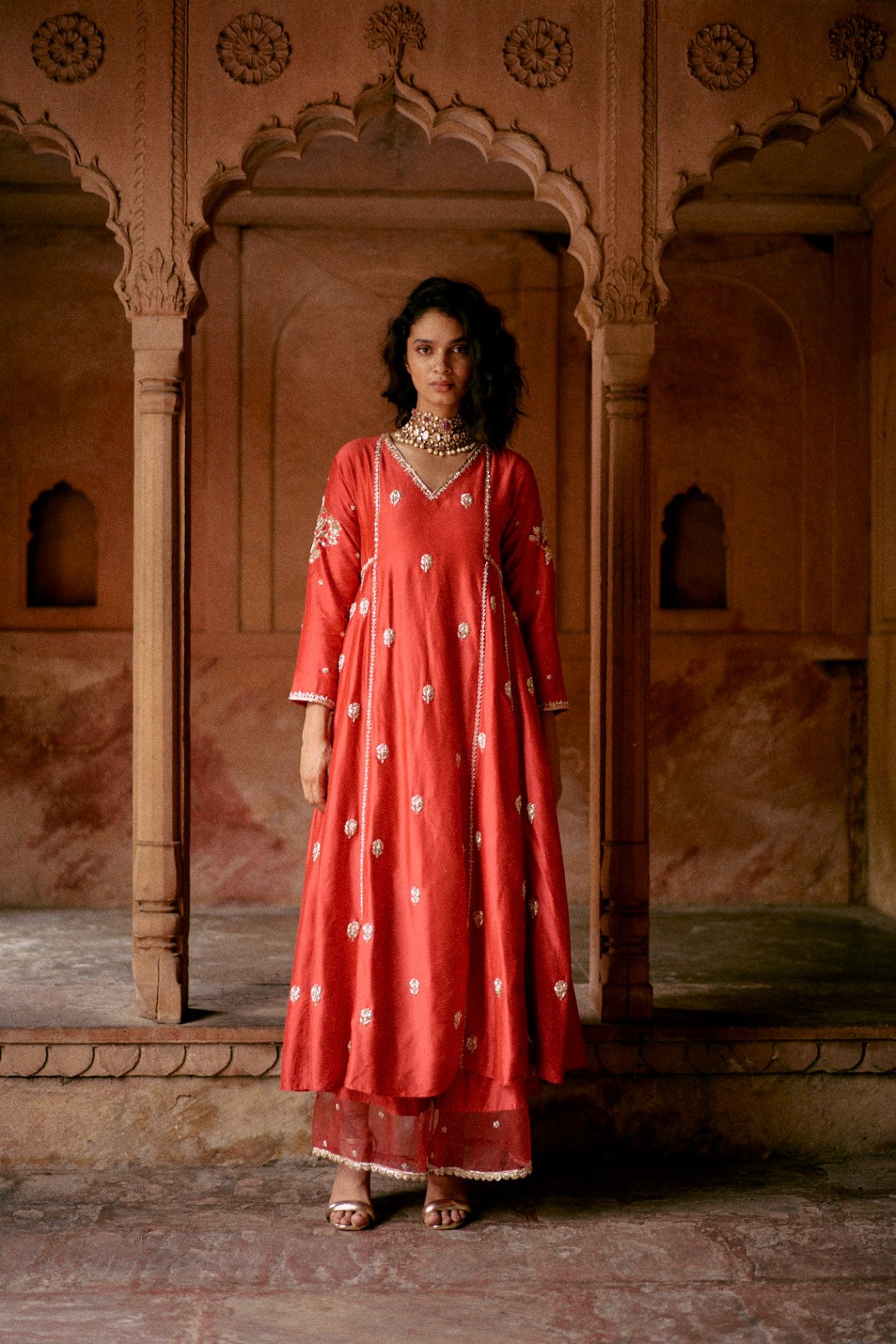 red modal silk anarkali set, image 1