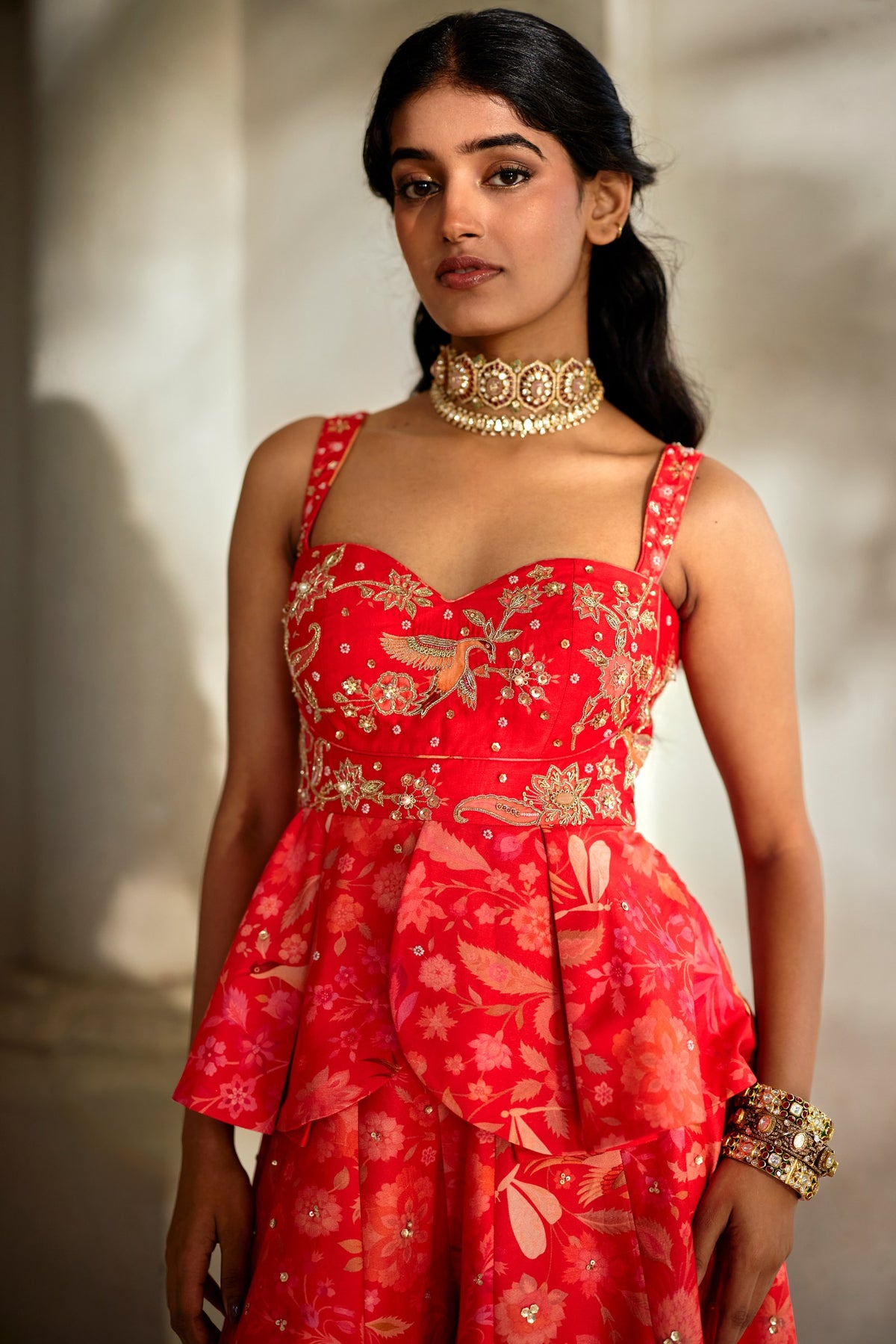 sunset red printed peplum and palazzo set, image 2