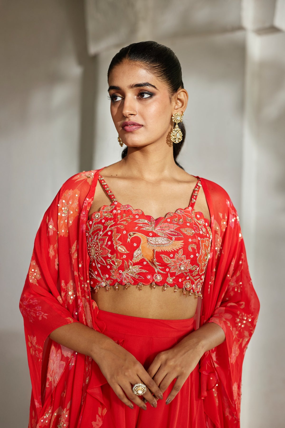 sunset red printed jacket, crop top and palazzo set, image 2