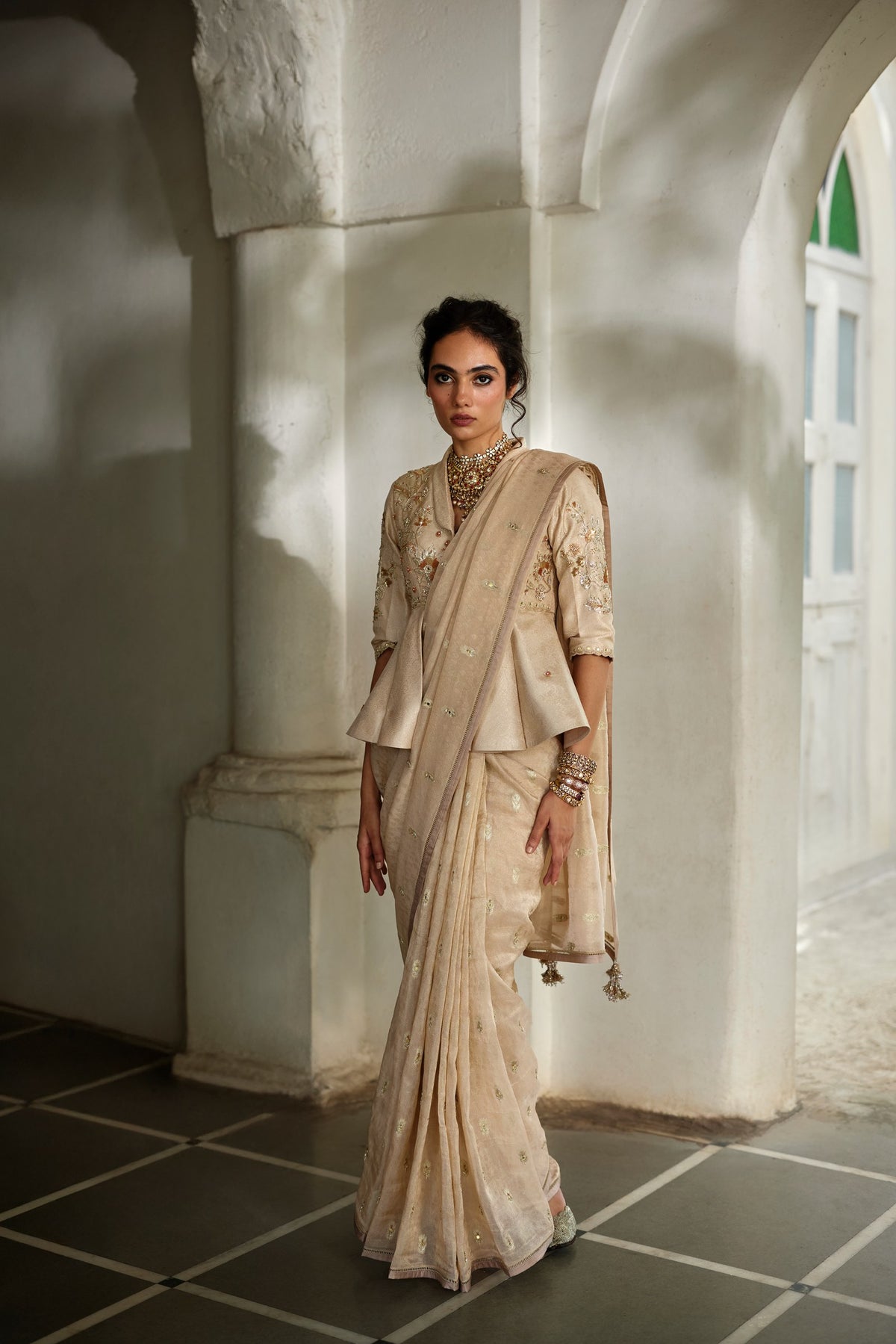 beige tissue saree and peplum set, image 2