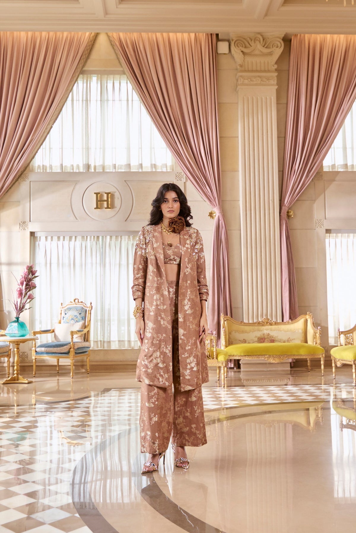 mocha brown jacquard blazer set, image 2