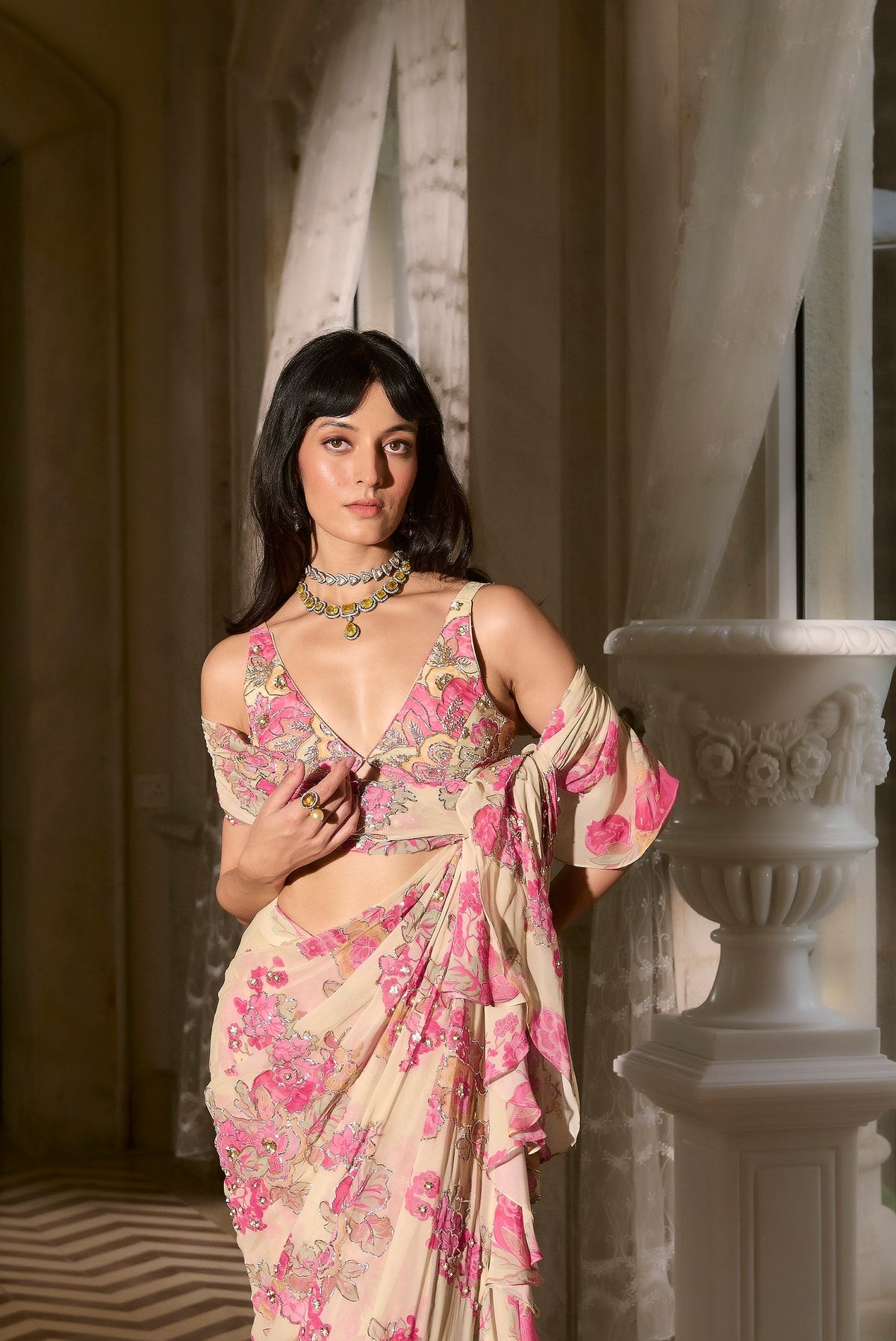 ivory floral pre-draped saree set, image 2