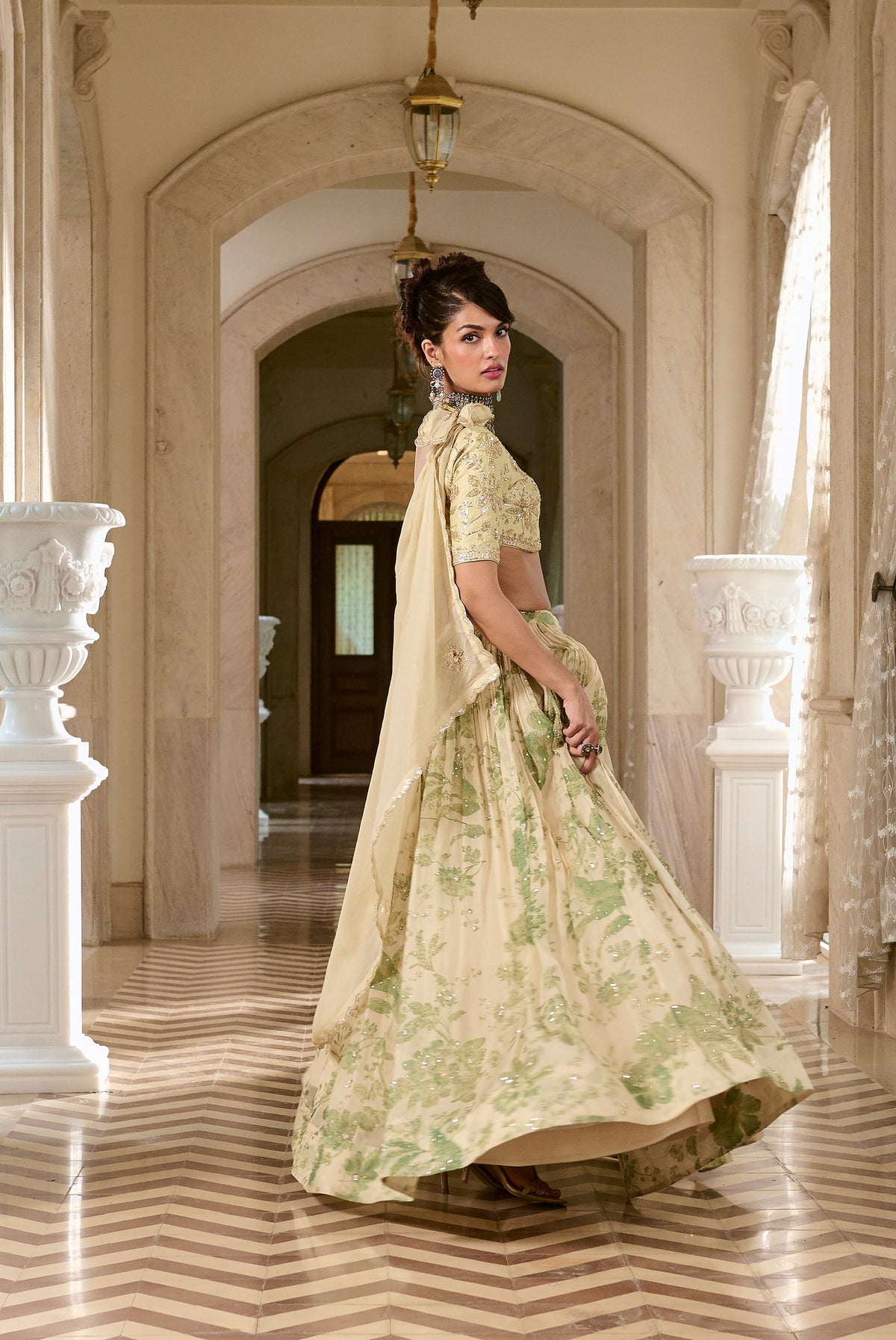 ivory and green organza lehenga set, image 2