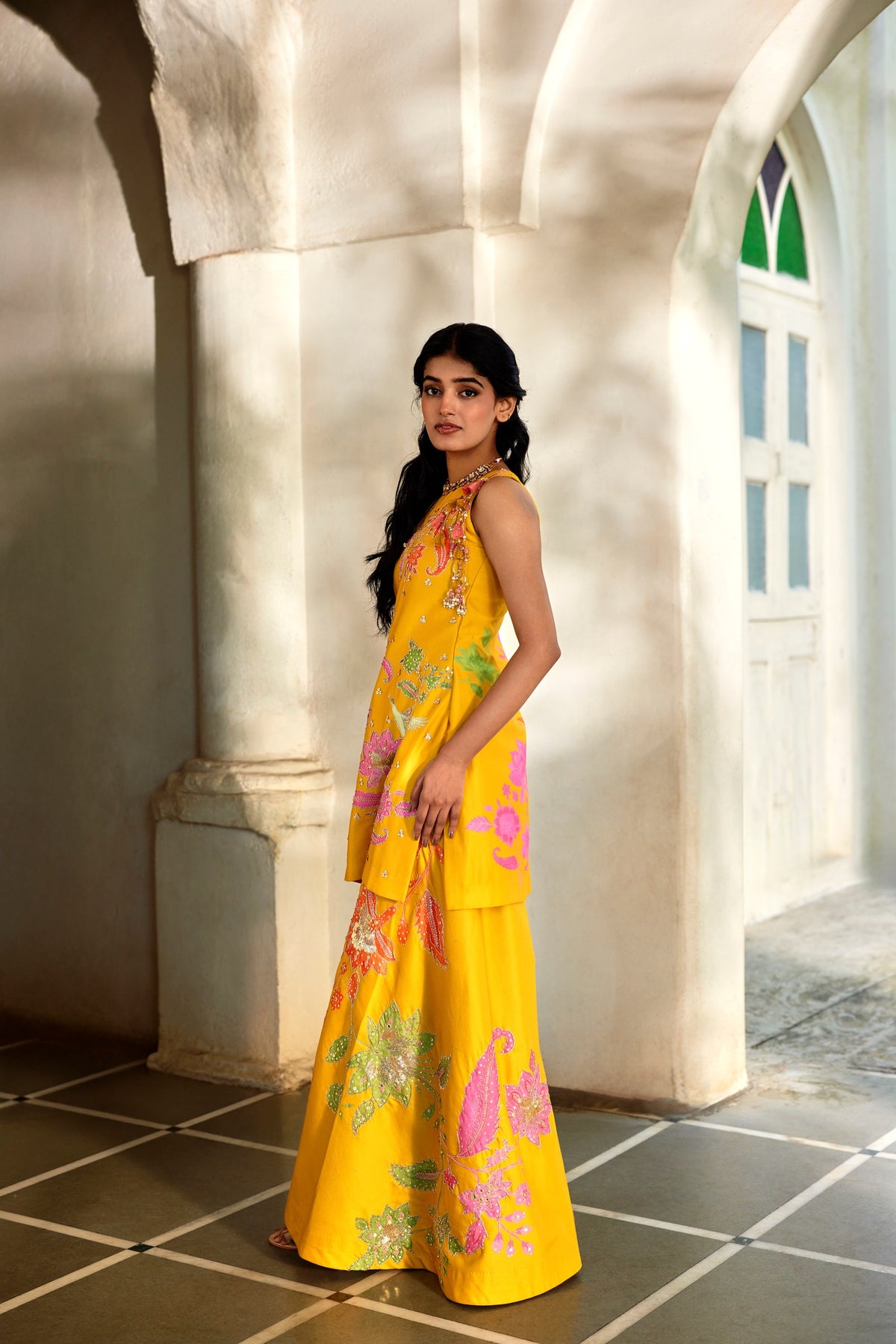 golden honey floral kurti and palazzo set, image 3