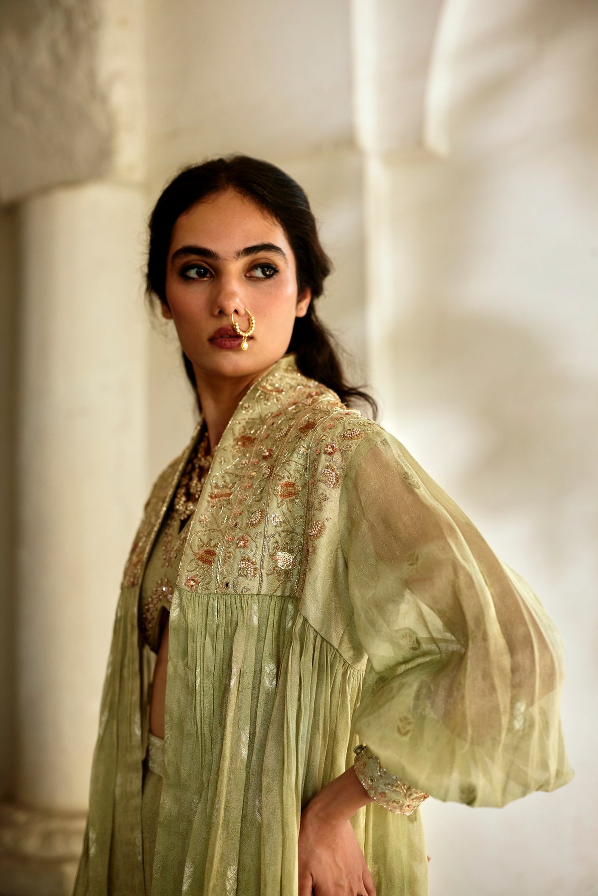 pista green jamavar blouse, palazzo and jacket set, image 3