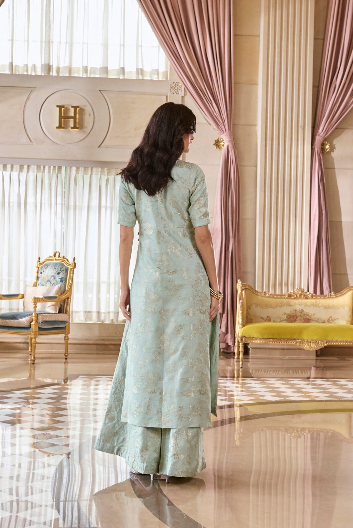 mint green jacquard kurta set with dupatta, image 3
