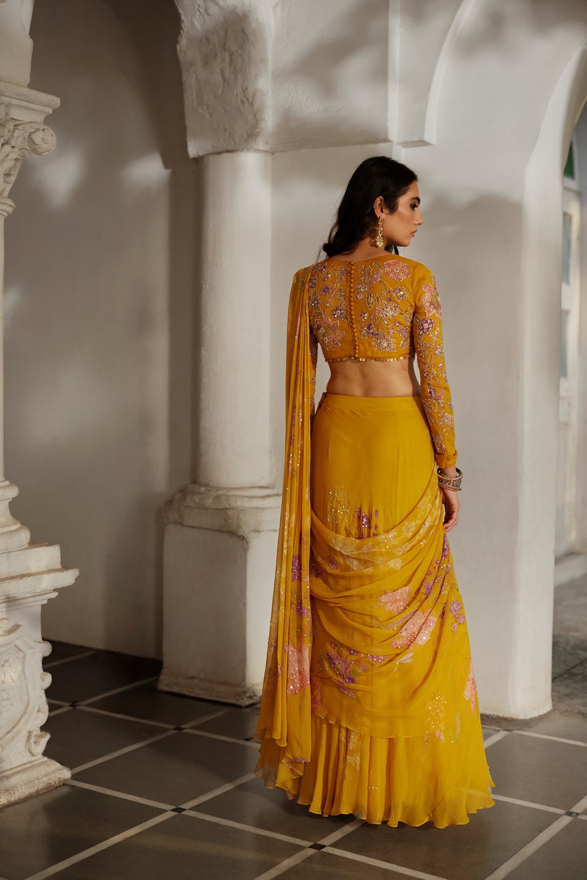 golden honey floral chiffon saree set, image 3
