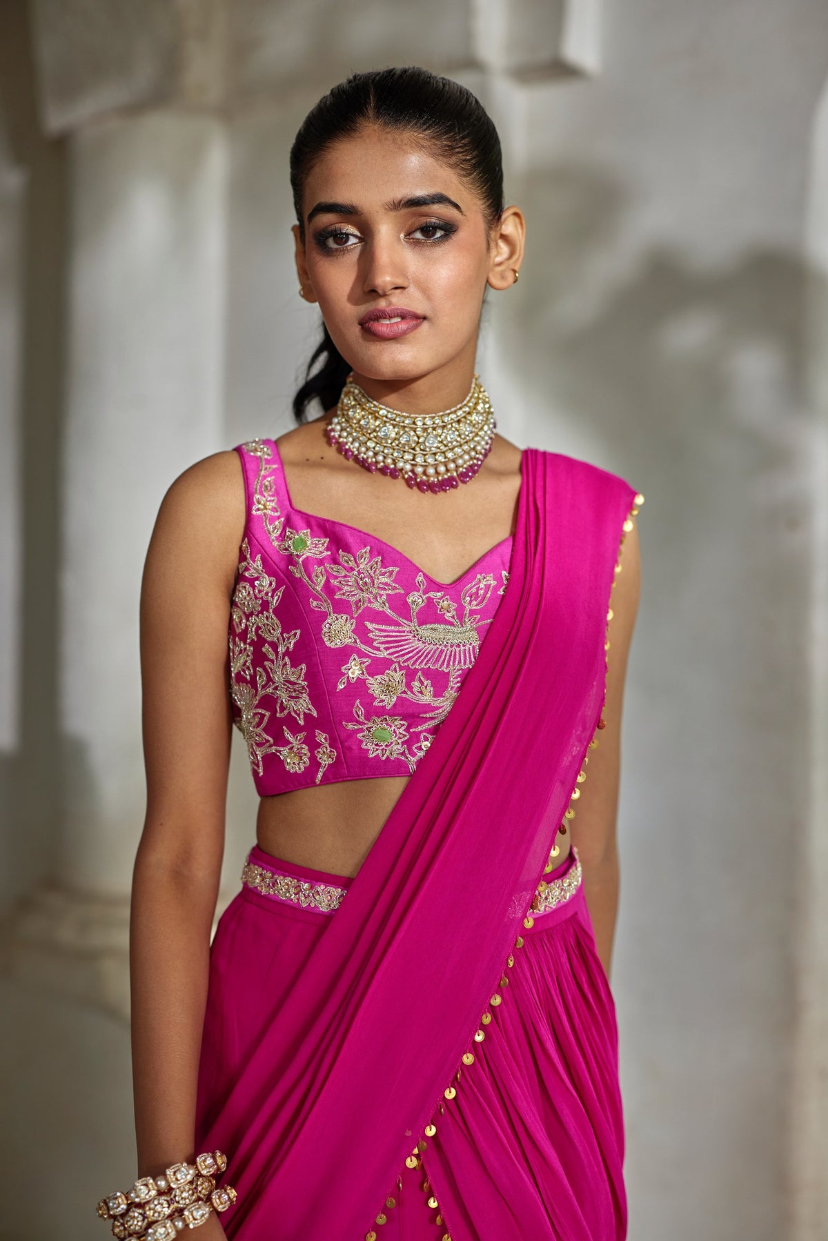 bright pink georgette pre-draped saree set, image 3