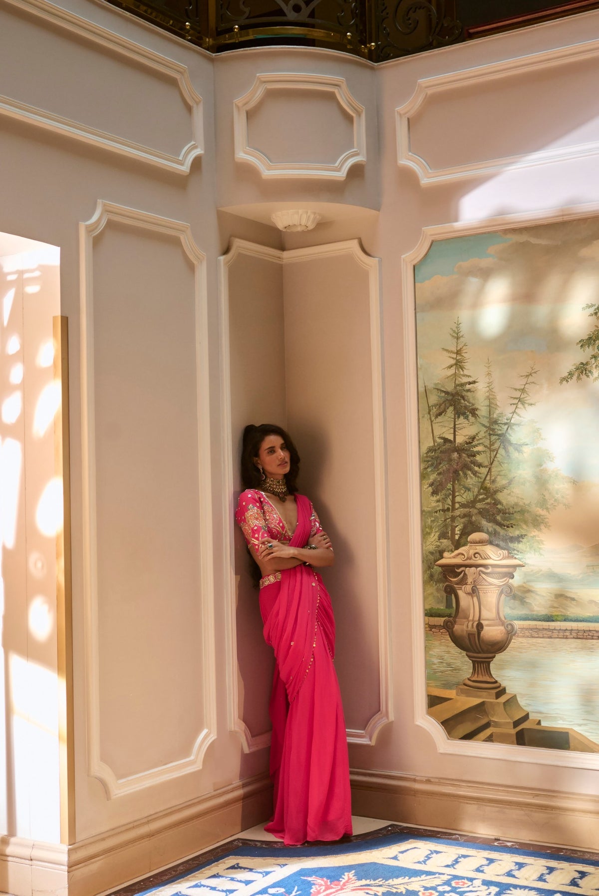 hot pink pre-draped saree set with belt, image 3