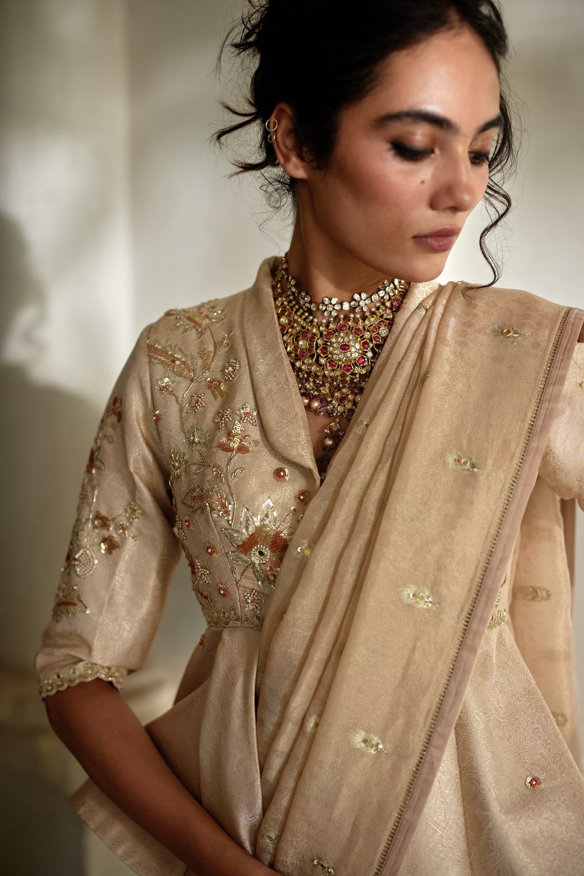 beige tissue saree and peplum set, image 4