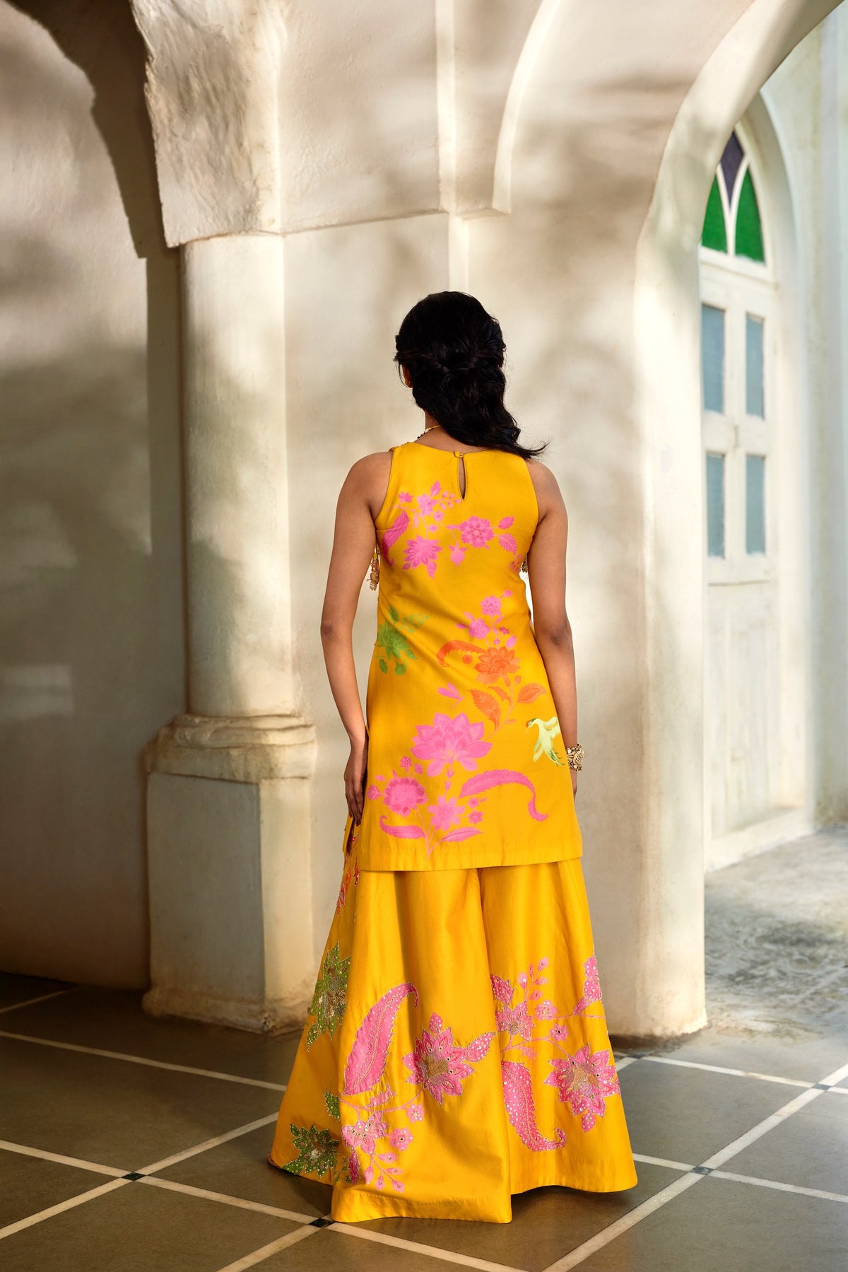 golden honey floral kurti and palazzo set, image 4