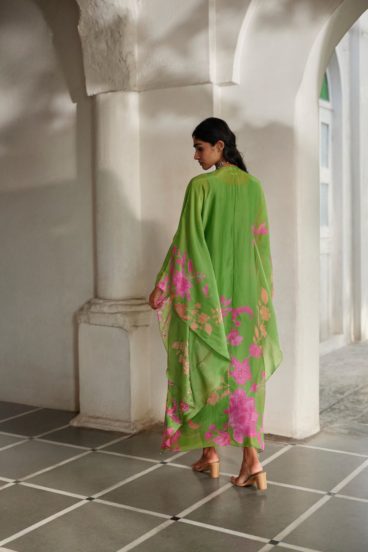 green floral silk organza kaftan, image 4