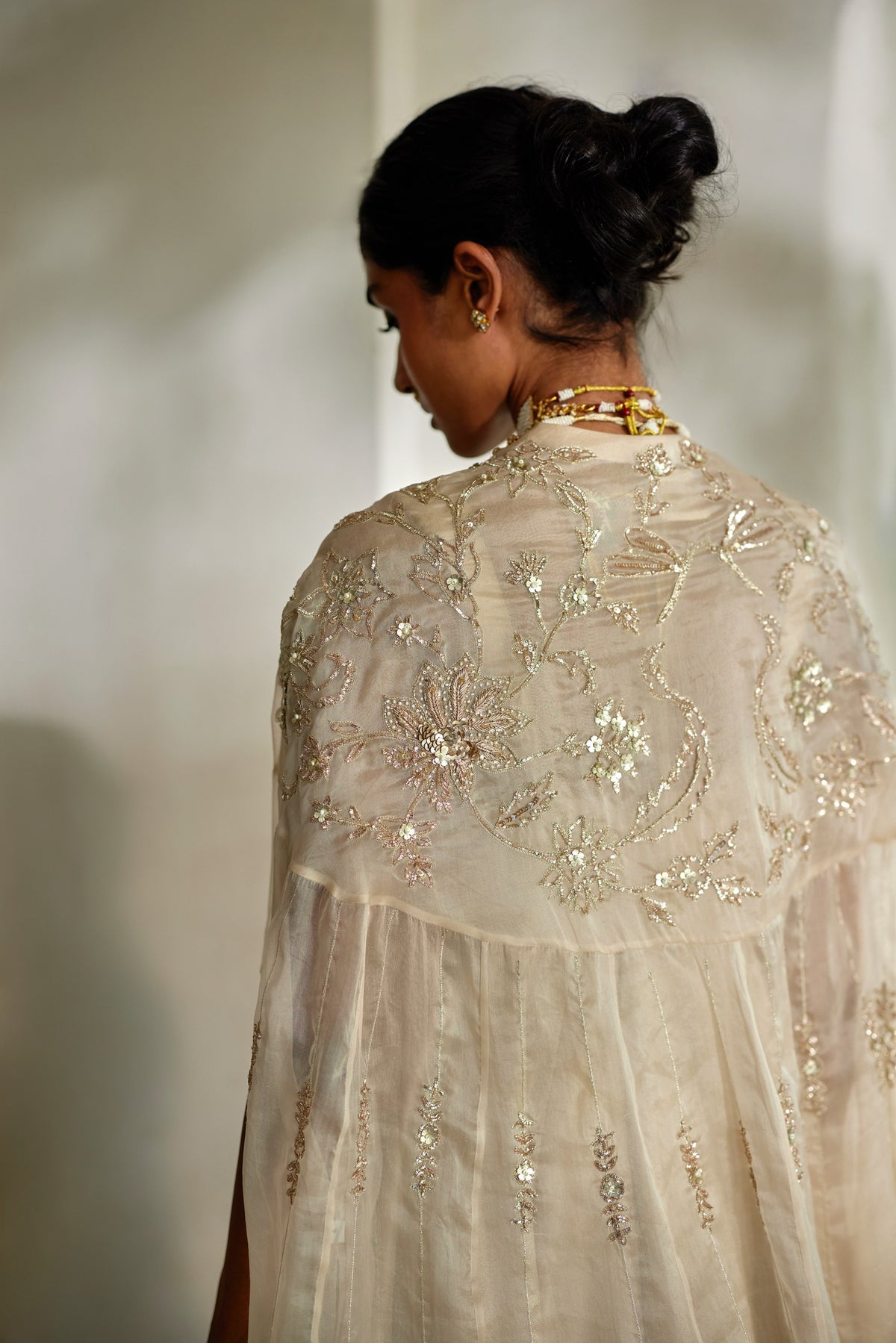 ivory jamavar anarkali and organza cape set, image 4