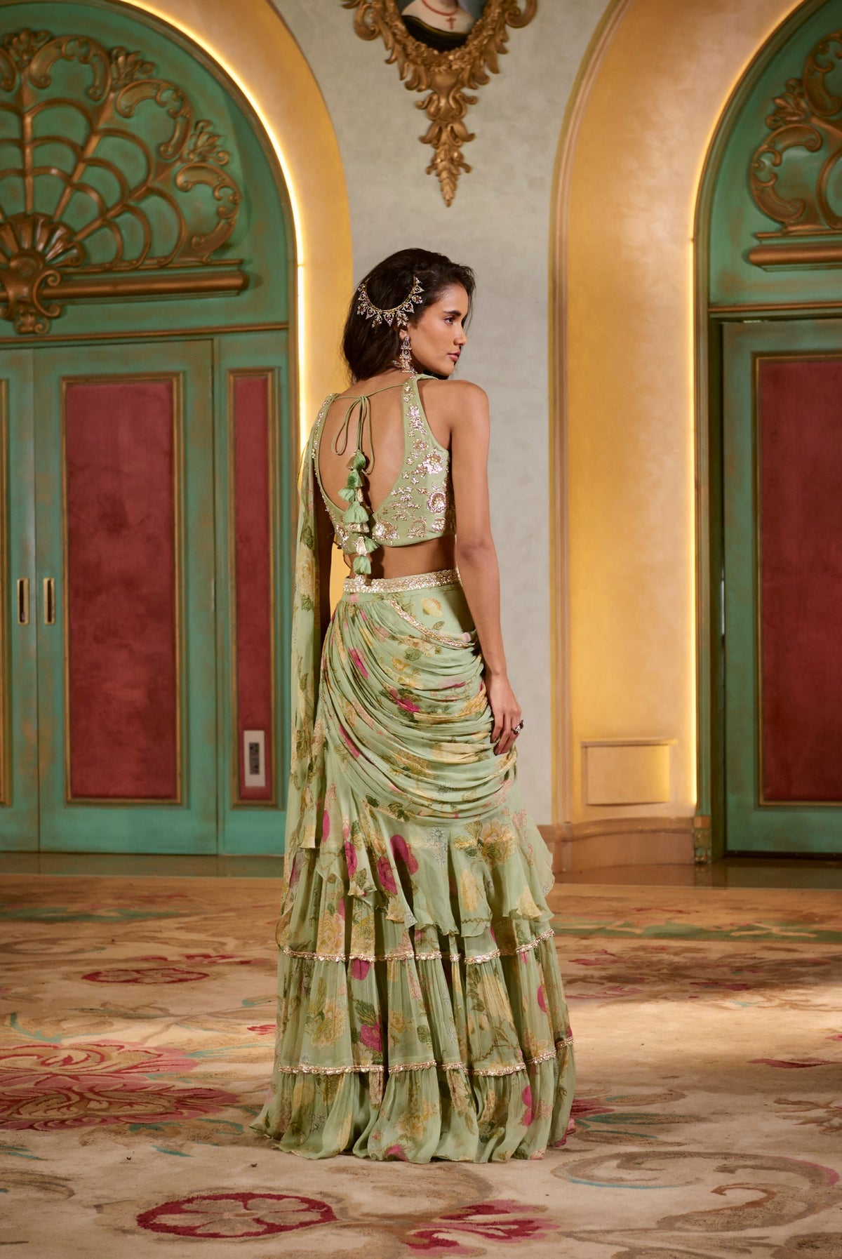 sage green chiffon ruffle saree set, image 5