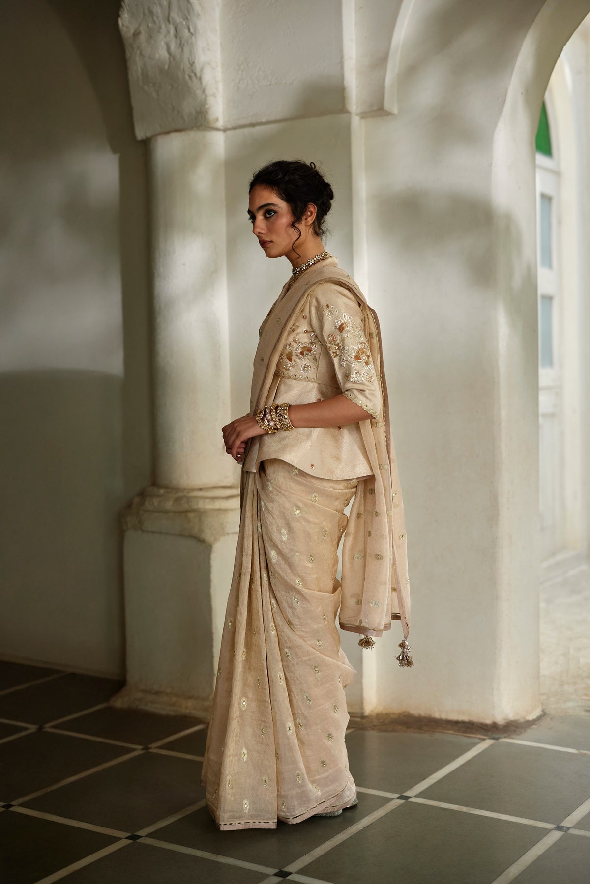 beige tissue saree and peplum set, image 5