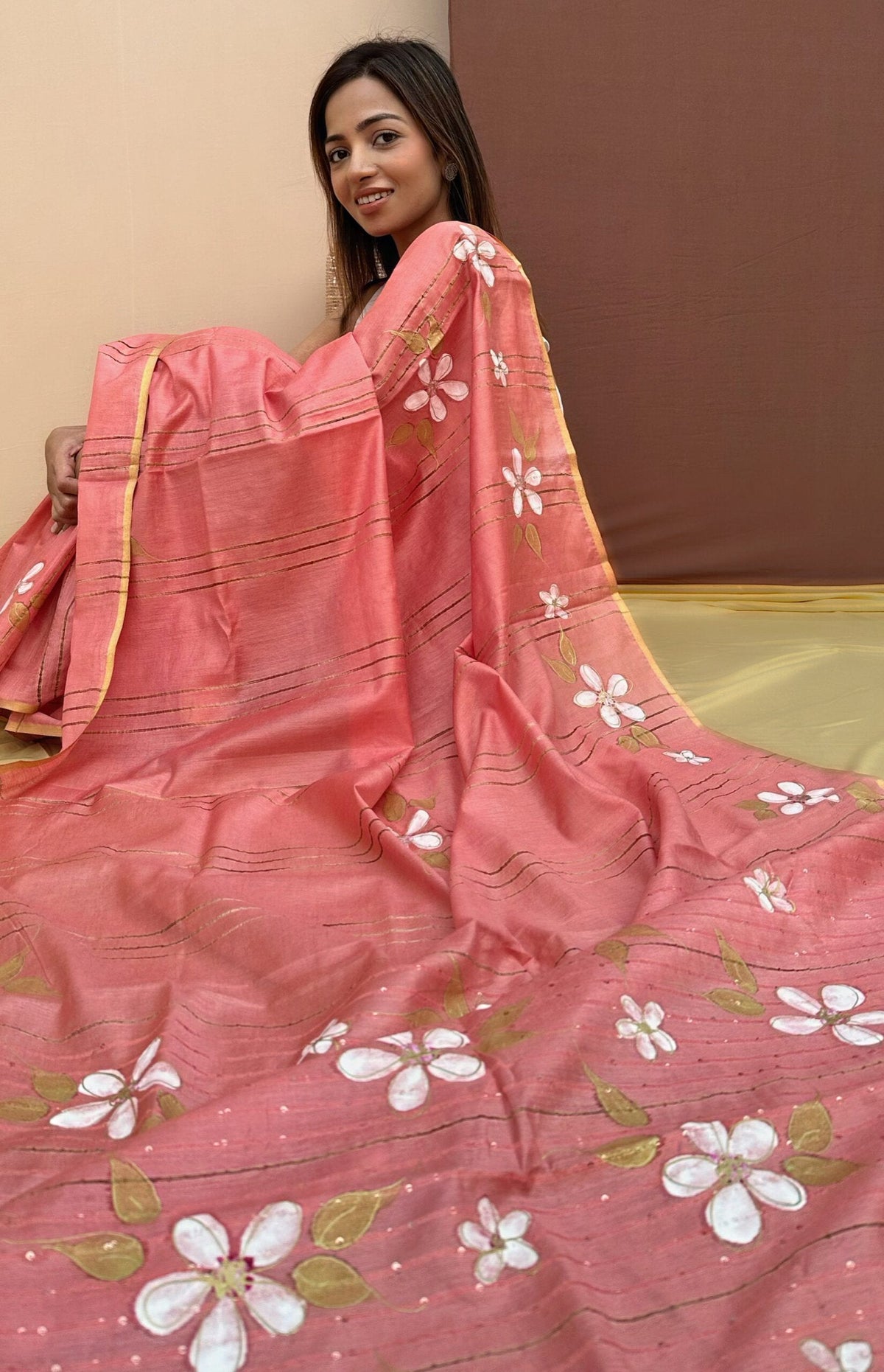 peach mulberry silk saree, image 4