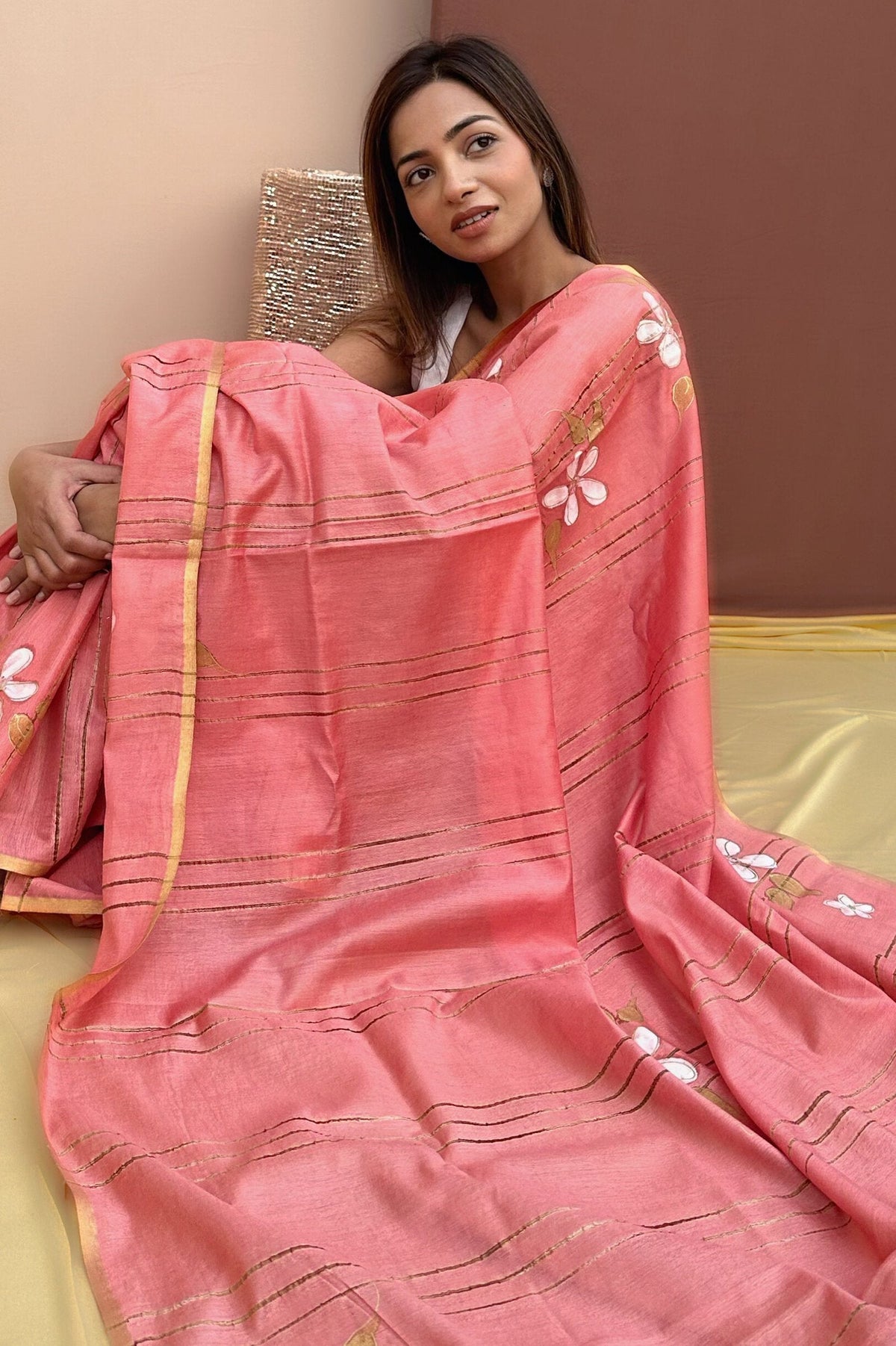 peach mulberry silk saree, image 1