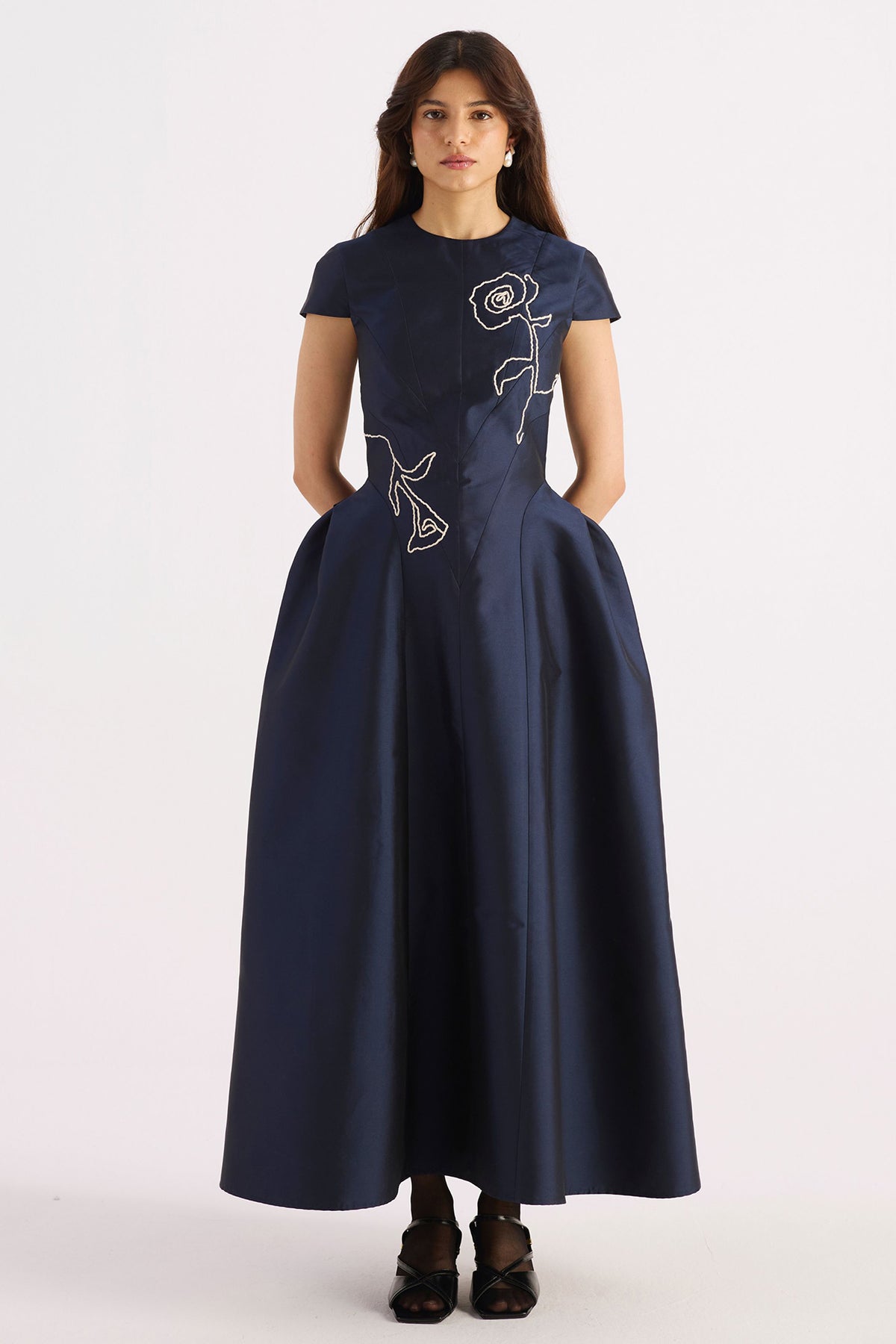 navy blue embroidered sculpted taffeta dress, image 1
