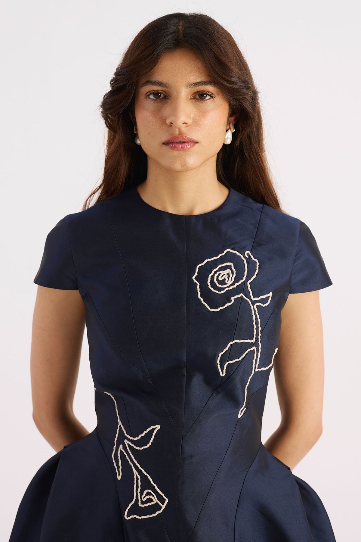 navy blue embroidered sculpted taffeta dress, image 3