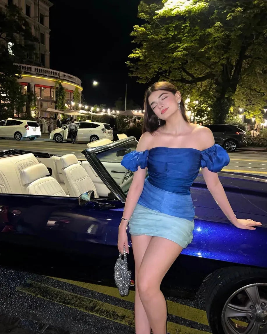 blue organza off shoulder dress, image 1
