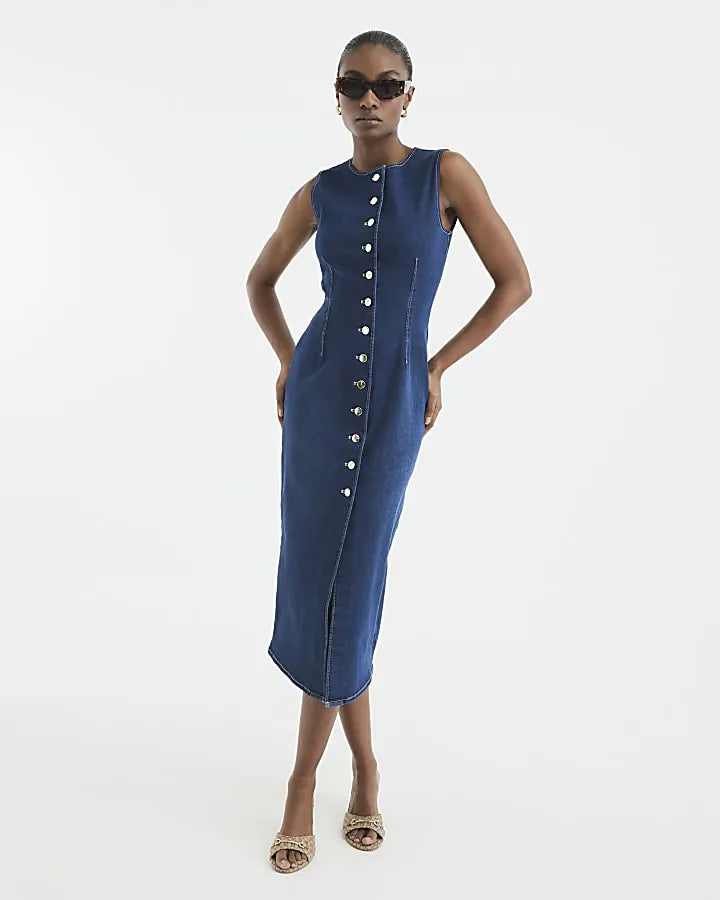 button front denim midi dress, image 1