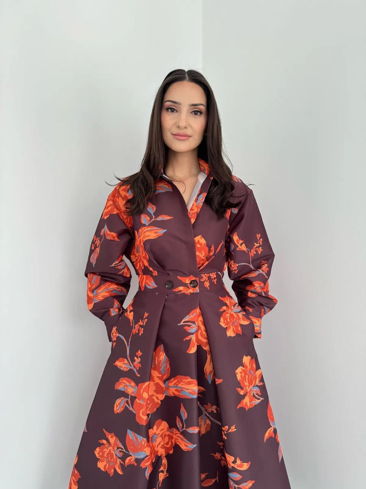 crimson bloom shirt midi dress, image 1