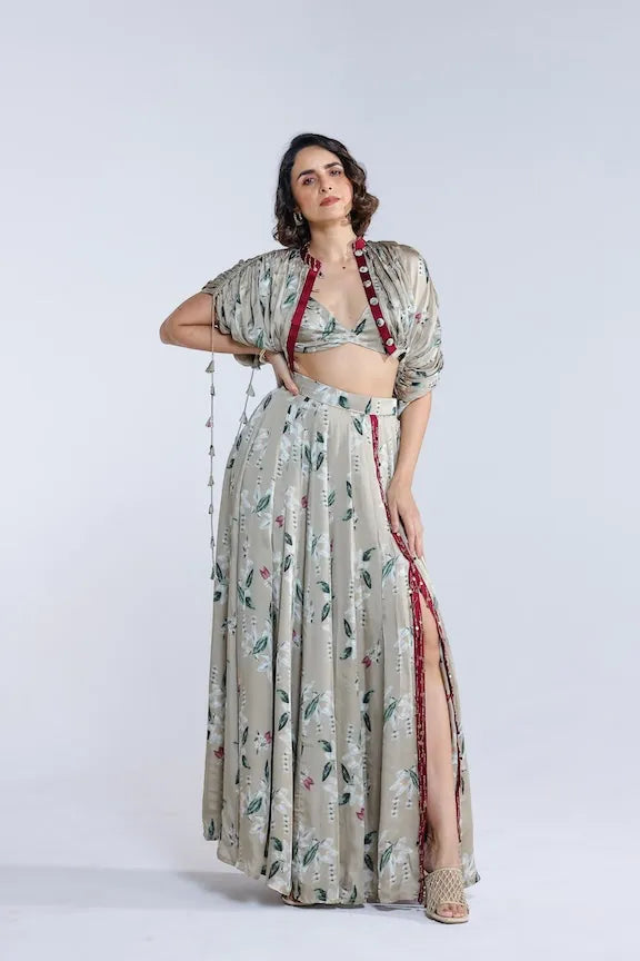pooja desai in jasmine kalidar skirt with draped jacket and blouse, image 1