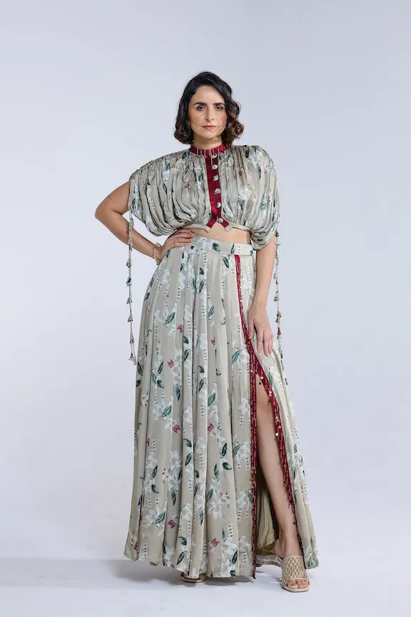 pooja desai in jasmine kalidar skirt with draped jacket and blouse, image 4