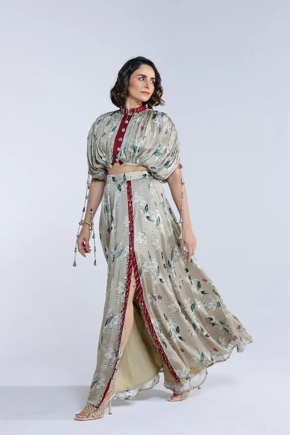 pooja desai in jasmine kalidar skirt with draped jacket and blouse, image 5