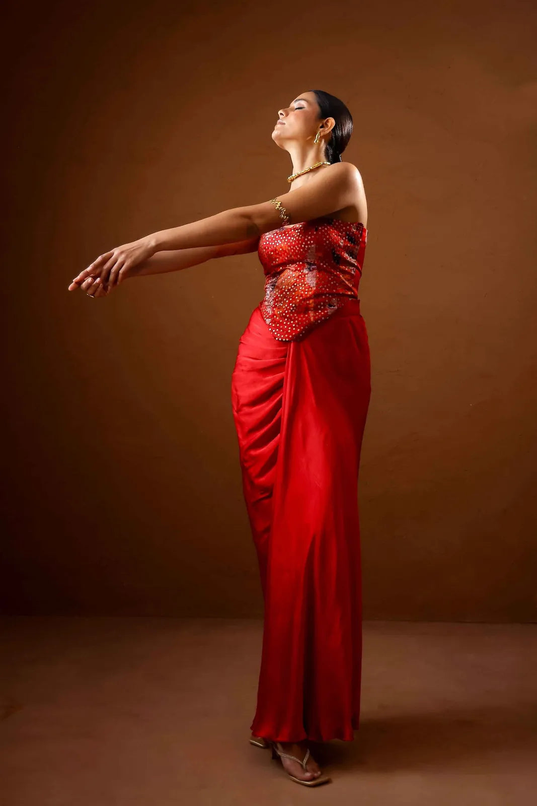 malabari embroidered corset with draped skirt, image 1