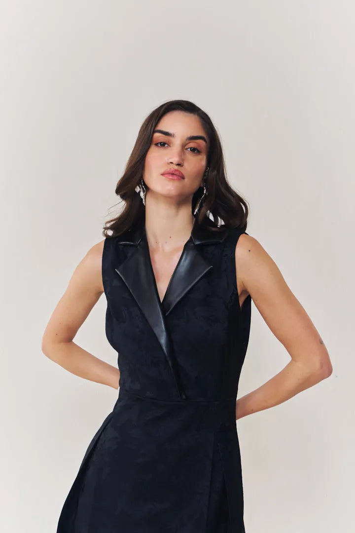 midnight jacquard midi dress with leather collar, image 1